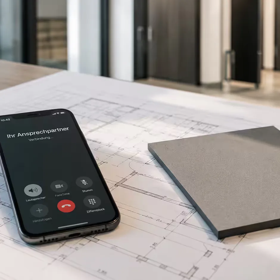 Smartphone mit laufendem Anruf auf einem Bauplan neben einer Materialprobe