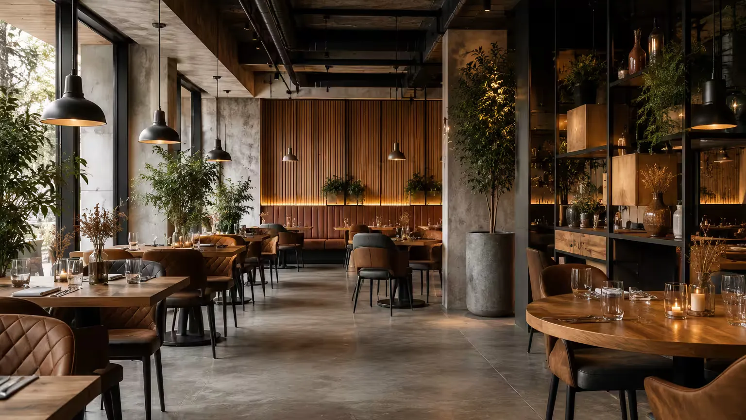 Restaurant mit Holztischen, Lederstühlen und Pendelleuchten