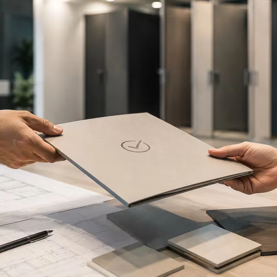 Zwei Hände übergeben eine Mappe mit Haken-Symbol über Bauplänen und Materialproben