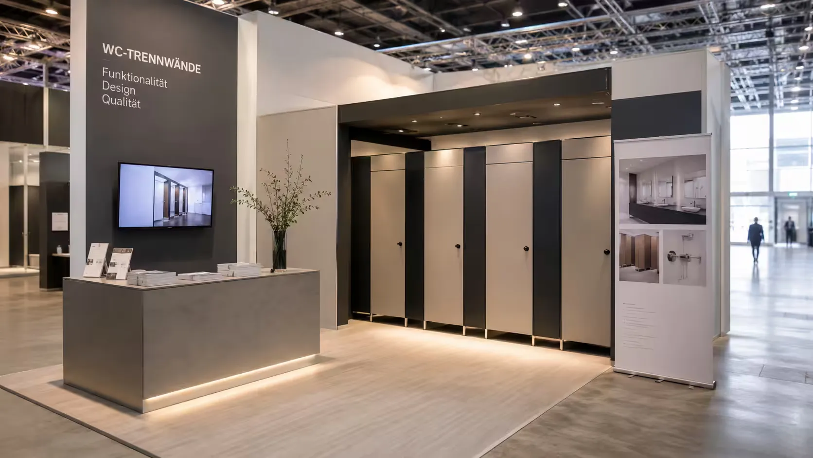 Messestand mit WC-Trennwänden, Bildschirm und Empfangstresen in einer Messehalle