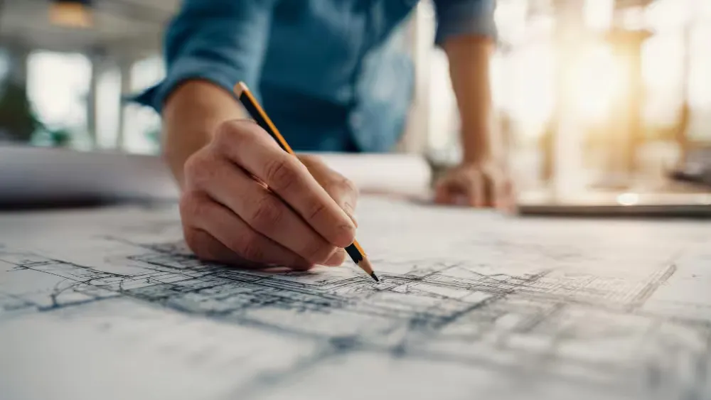 Hand zeichnet mit einem Bleistift auf einem Bauplan