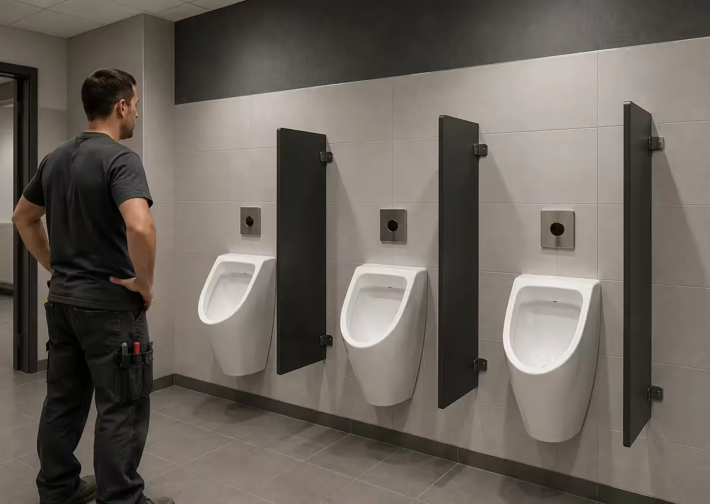 Drei Urinale mit dunklen Urinaltrennwänden, davor ein Handwerker