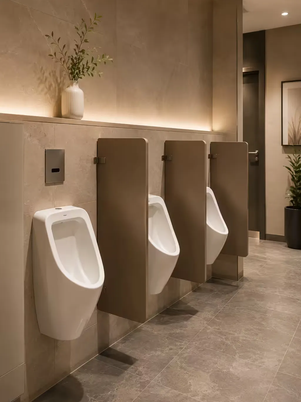 Drei Urinale mit beigen Urinaltrennwänden an einer warm beleuchteten Wand