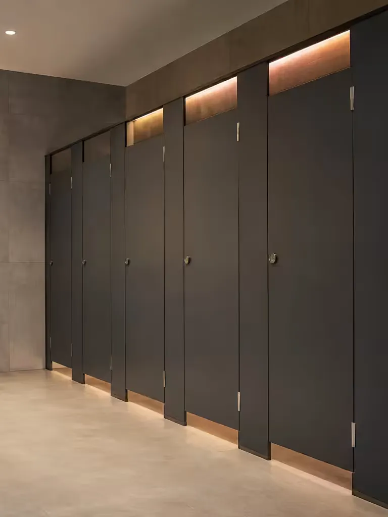 Reihe dunkler raumhoher WC-Trennwände mit indirekter Beleuchtung in einem modernen Sanitärraum